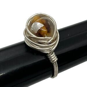Handcrafted Wire Wrap Amber Glass Ring Silver Tone Nest Design Size 5.5 Boho